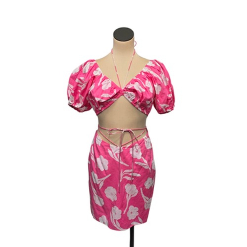 Sabo Skirt Wendell Dress Womens Medium Pink White Floral Puff Sleeve Cutout NWT